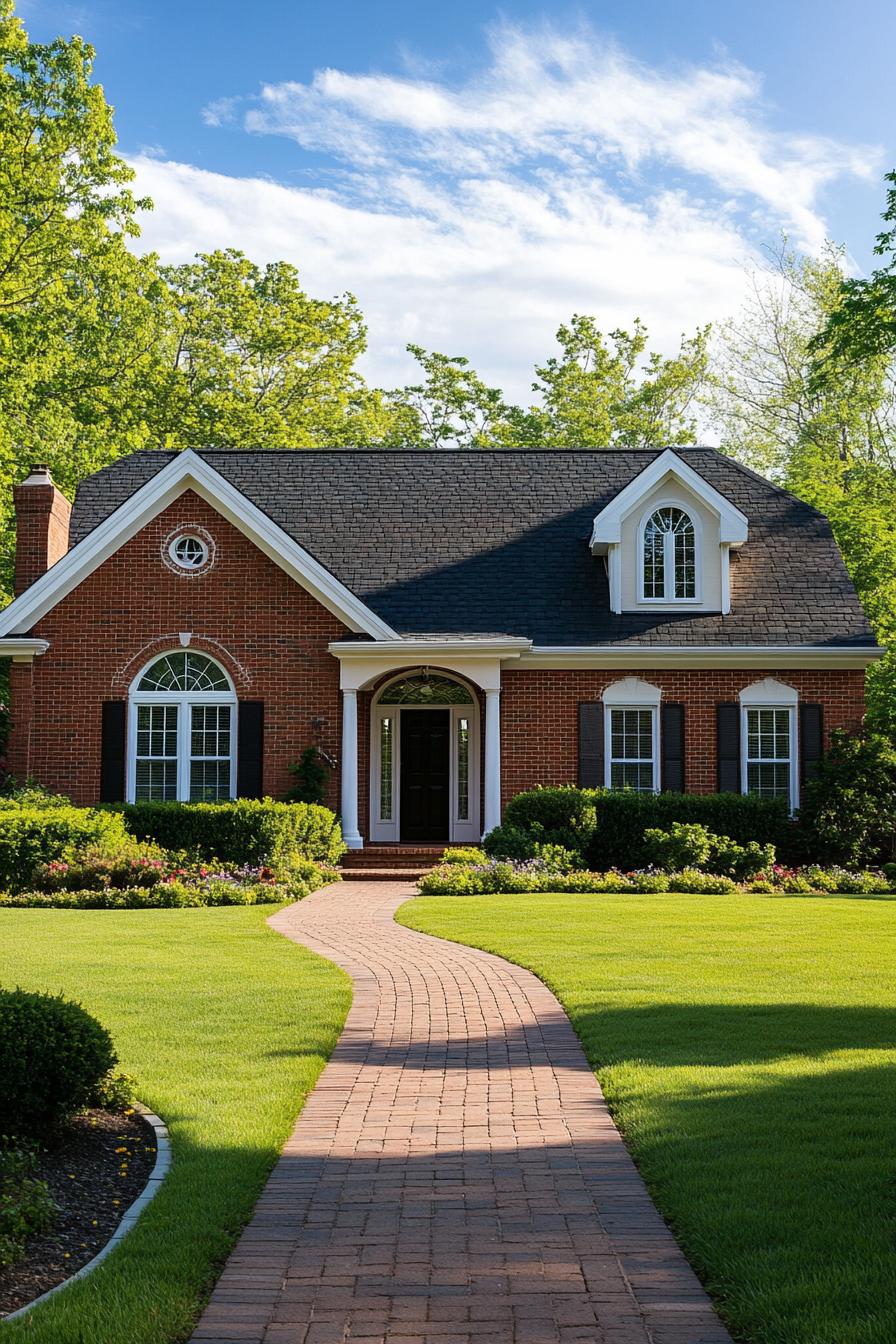 Classic brick ranch house with manicured lawn