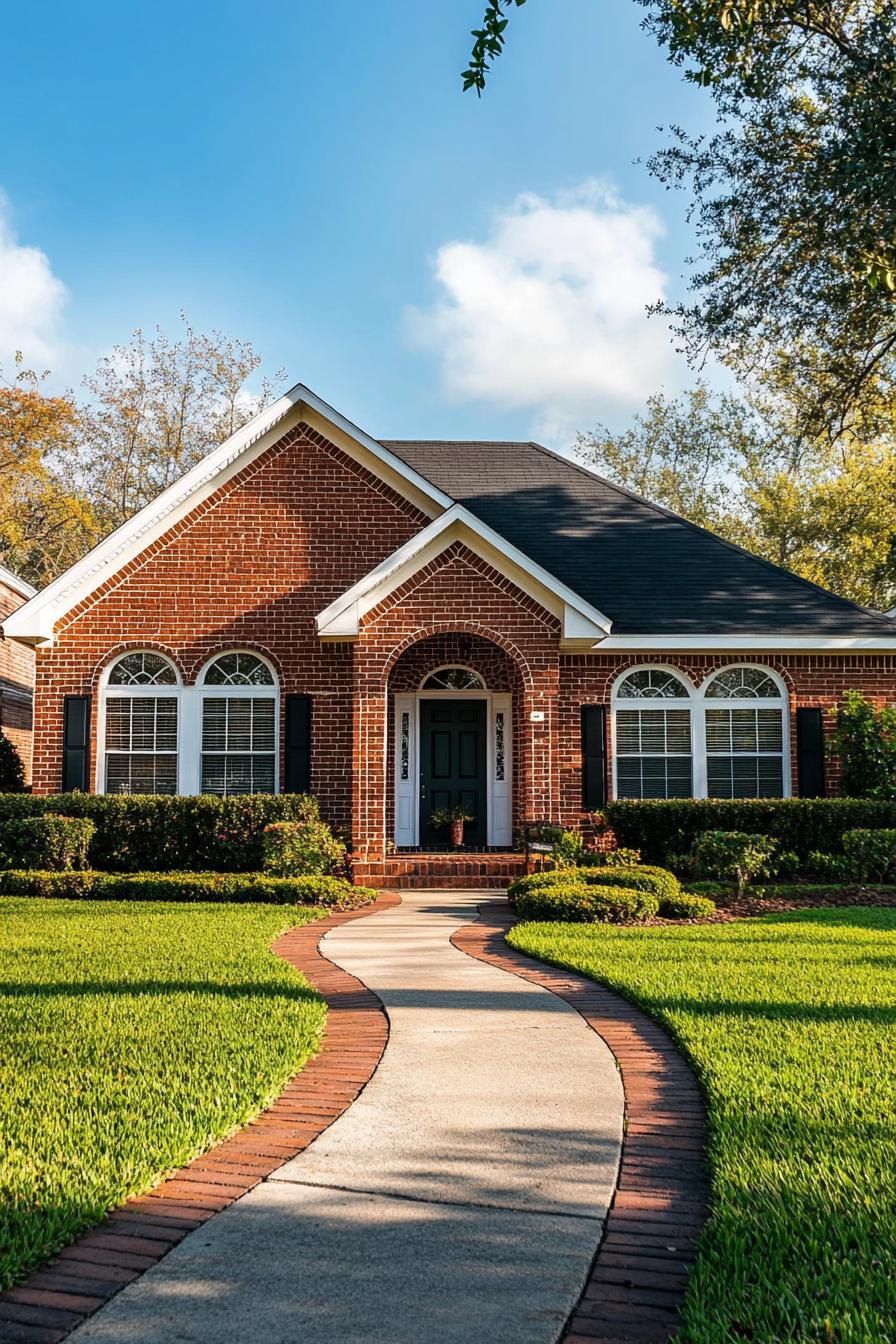 Cozy brick home with arched windows and manicured lawn