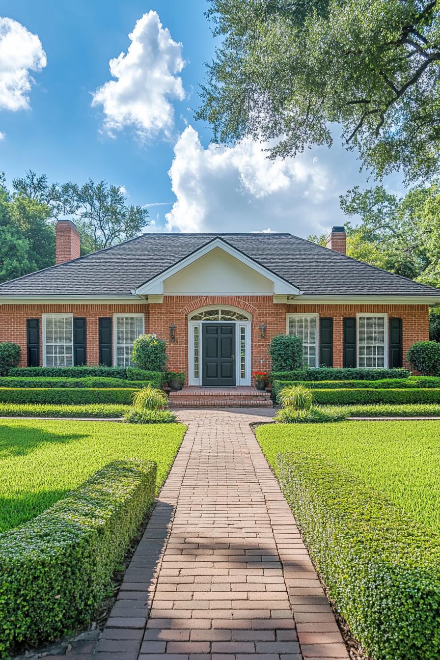 Front view of a brick ranch house with lush garden