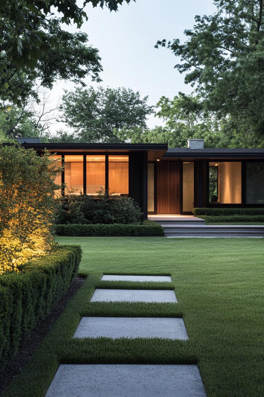 Modern bungalow with large windows and manicured lawn