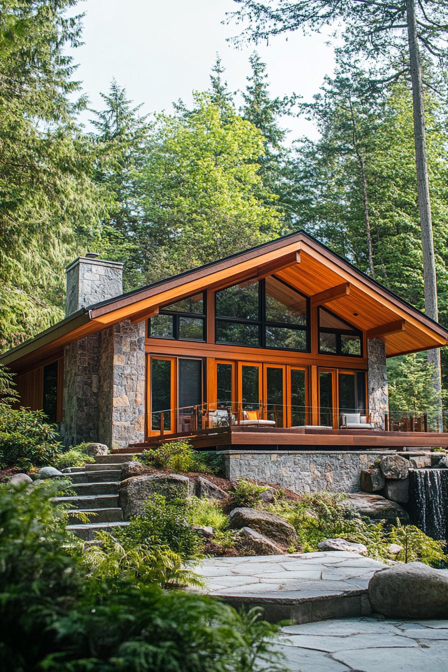 A cottage nestled among towering trees