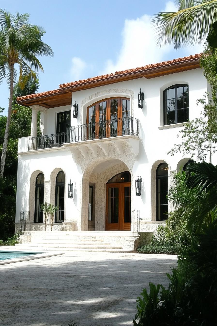 White house with arched windows and palm trees