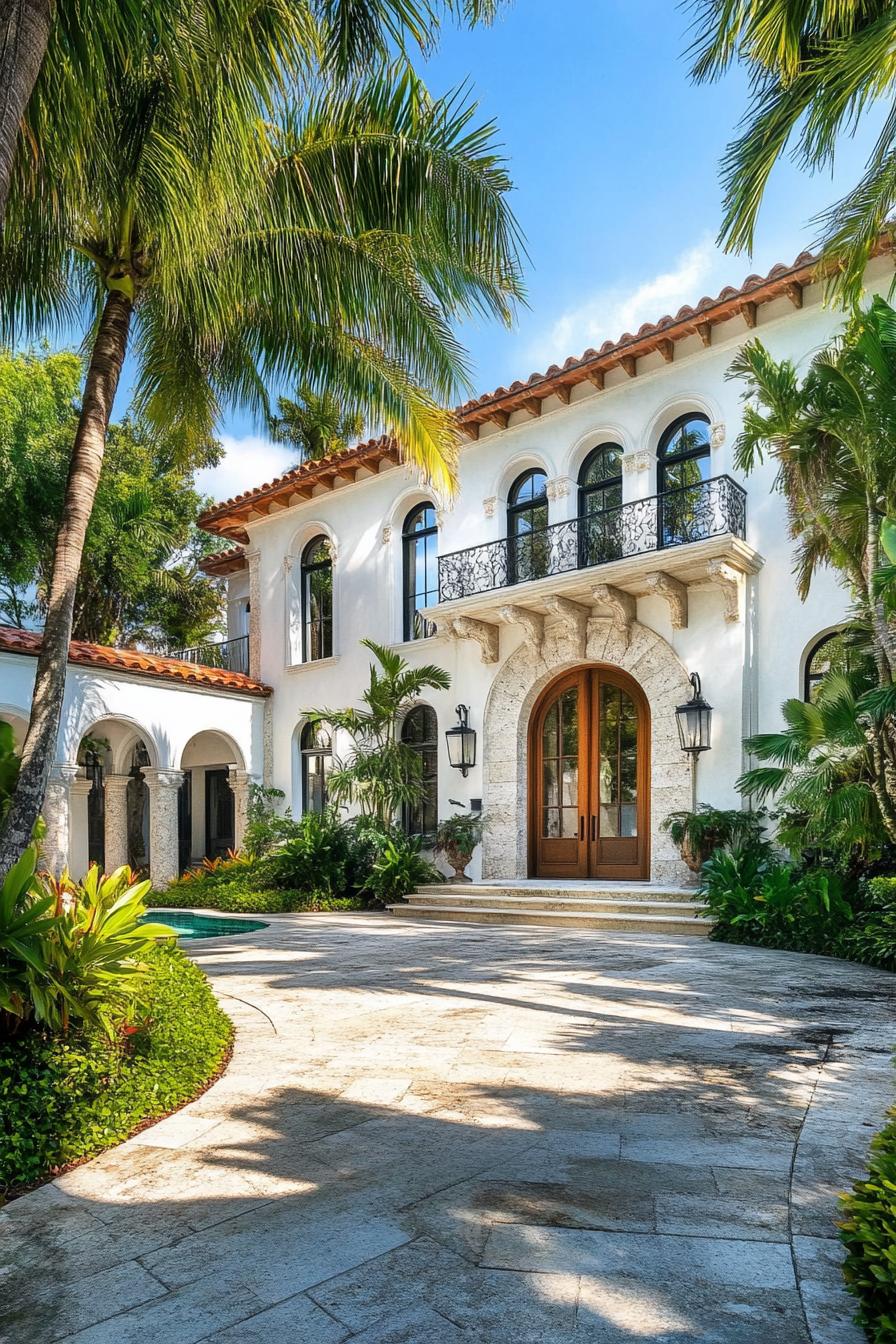 Luxurious white villa with lush palm trees