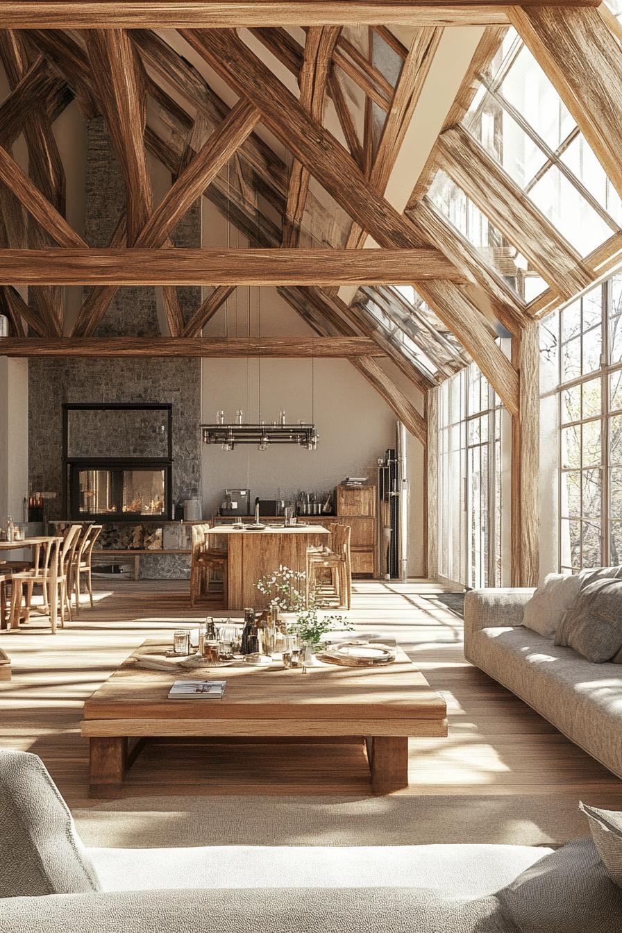 Spacious barndominium loft with wooden beams and large windows