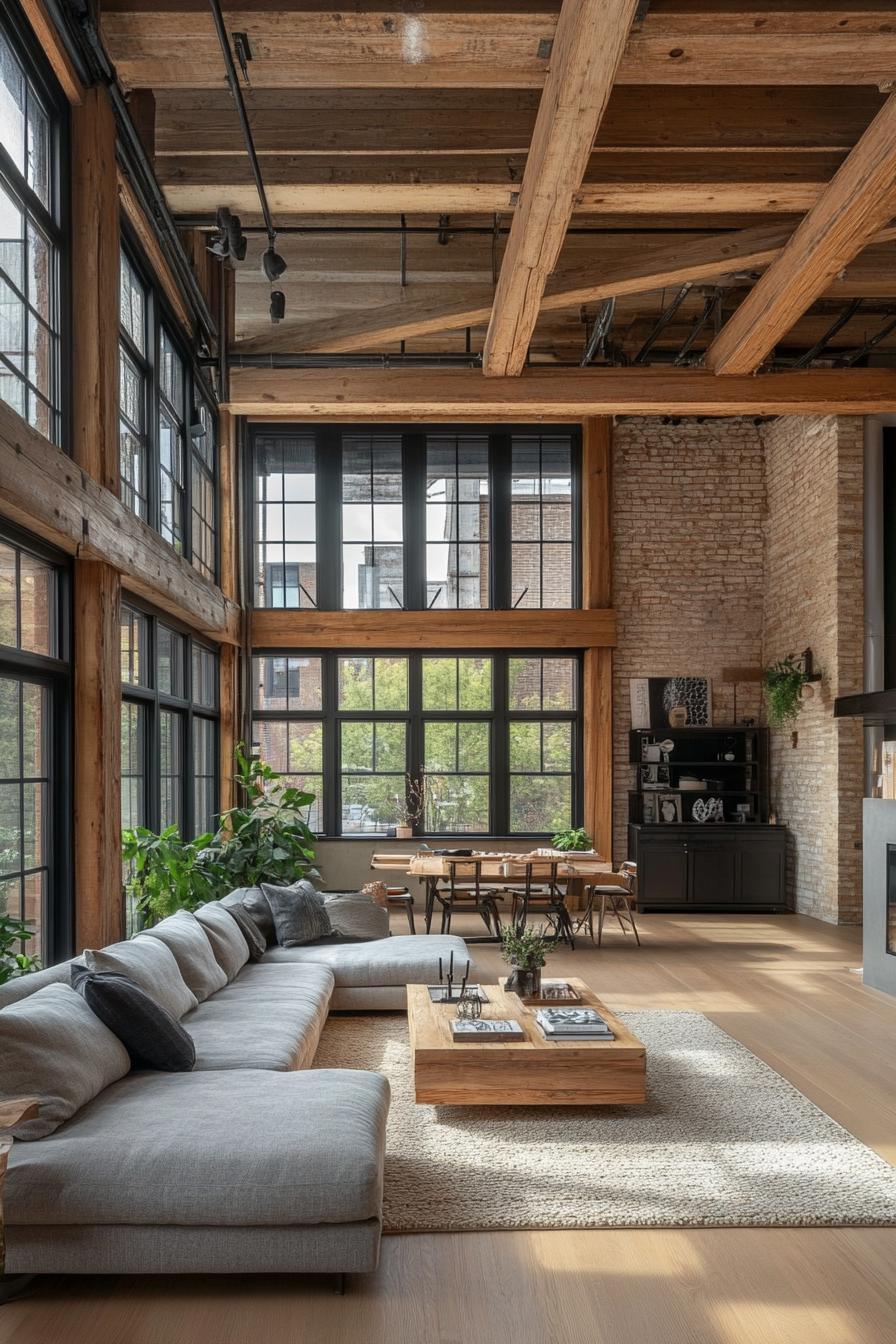 Open-concept barndominium living space with wooden beams