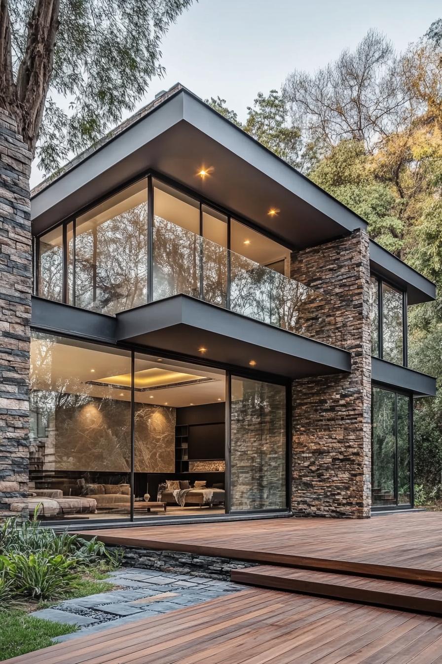 A luxury home with glass walls and stone details