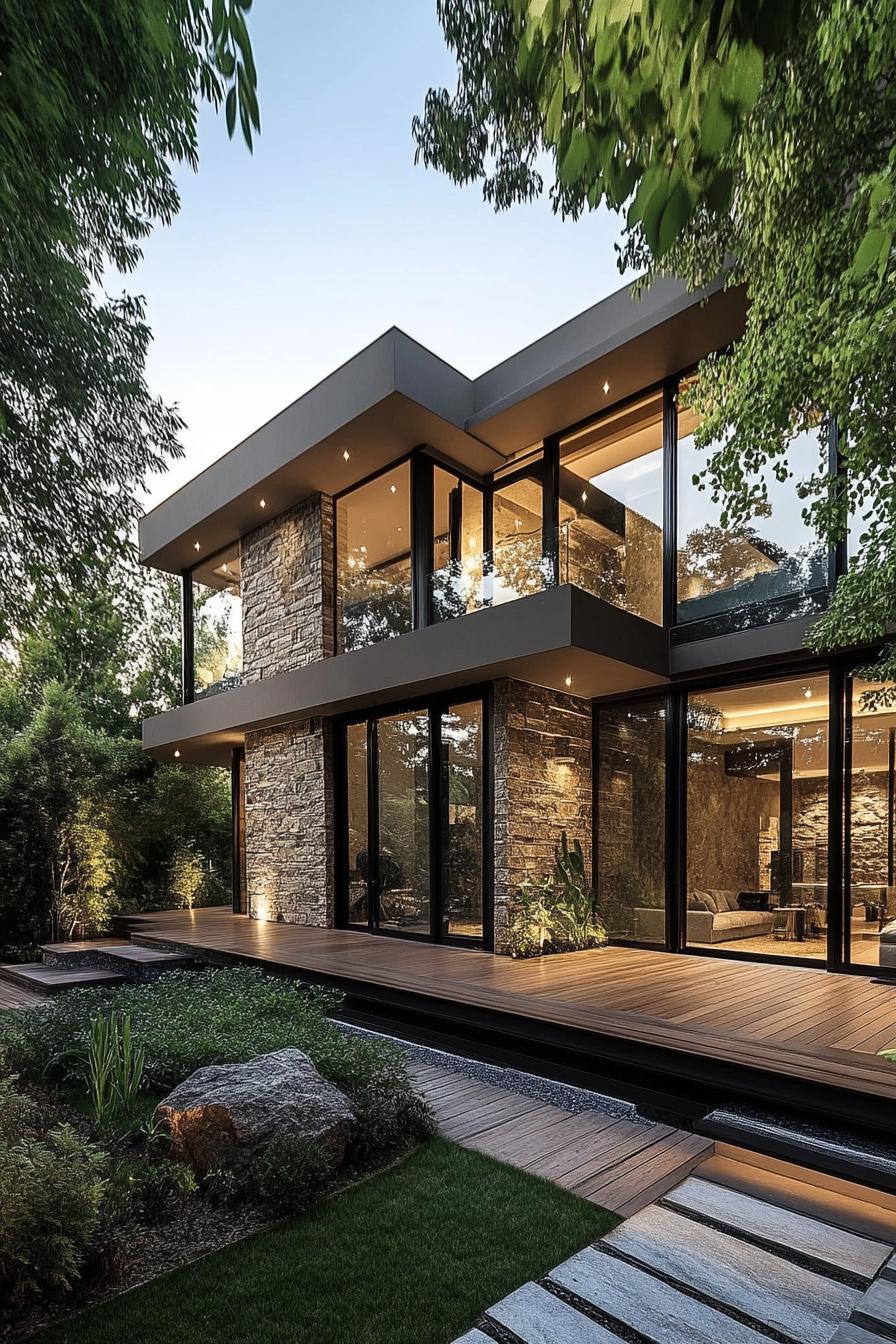 Modern home with large glass windows, stone walls, and surrounding lush foliage