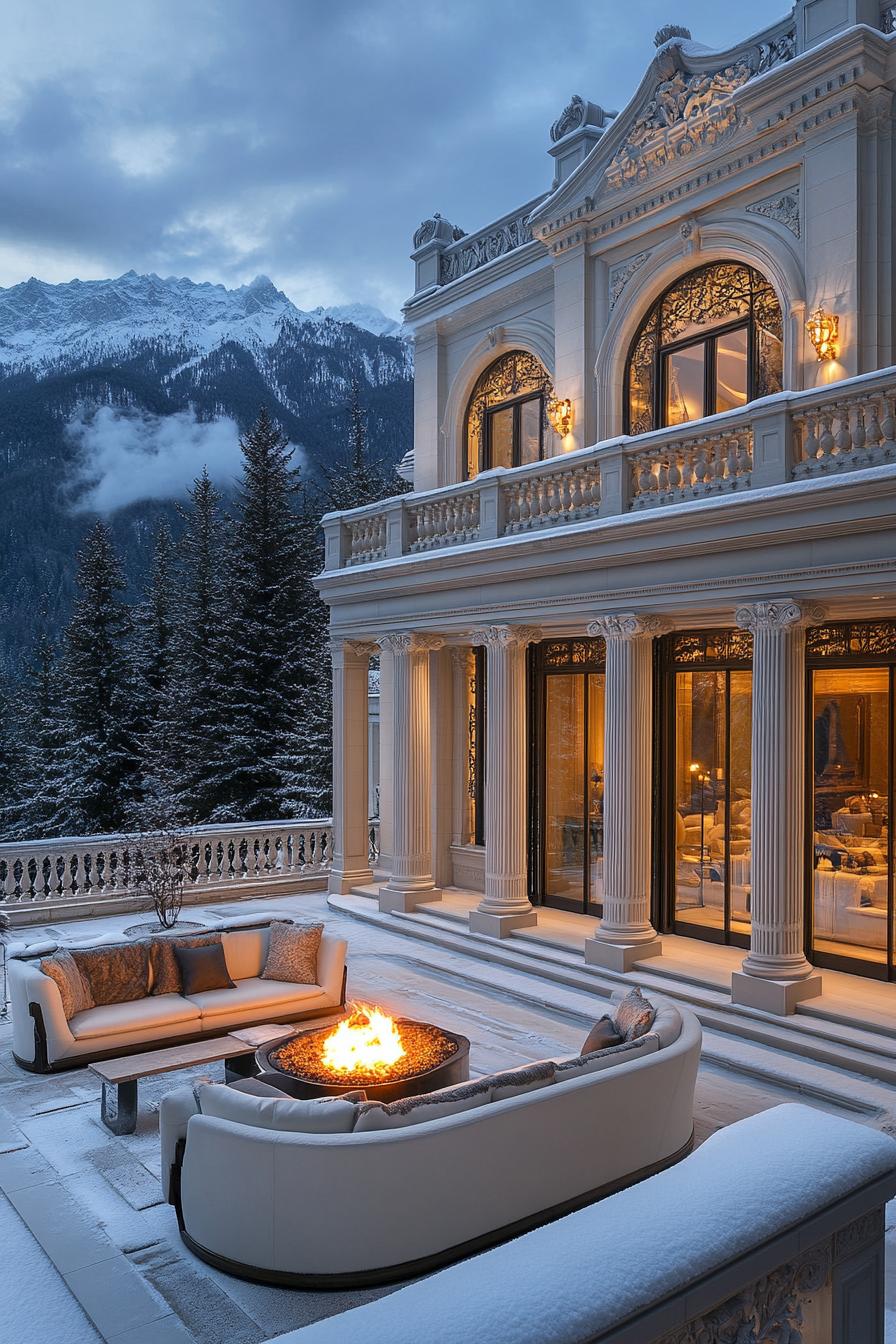 Luxurious mountain mansion with snow and fire pit