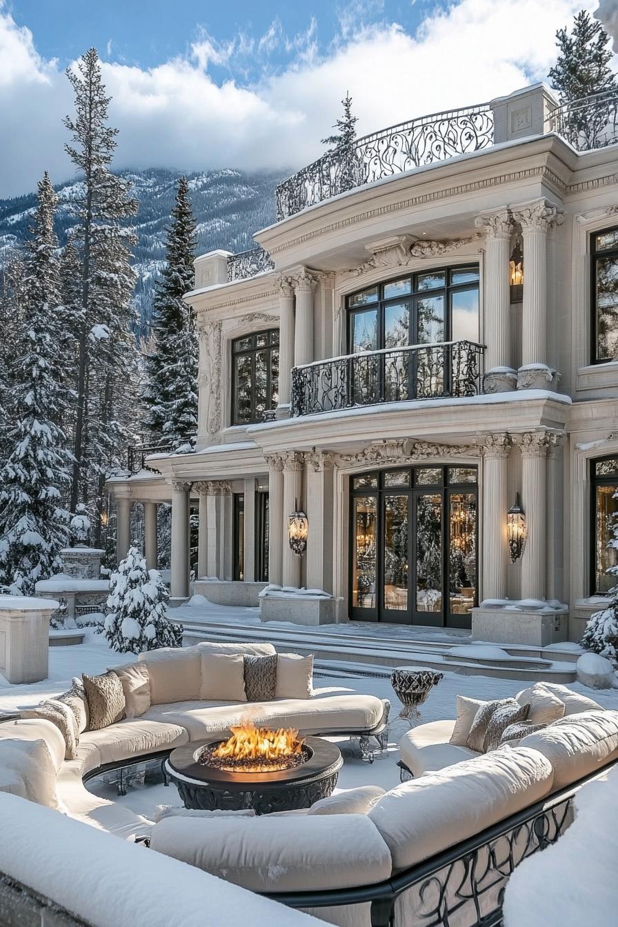 Luxurious mansion with snowy landscape