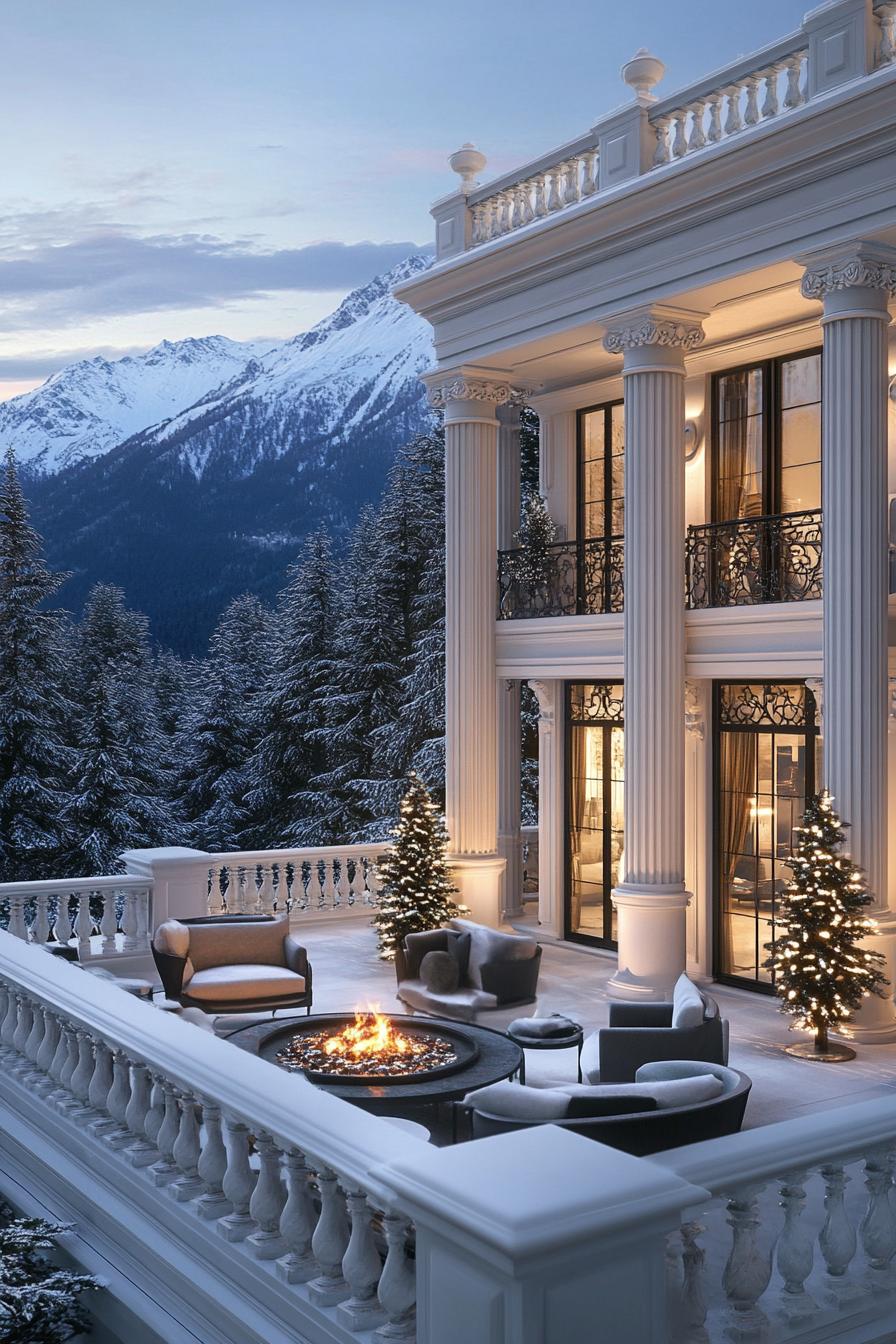 Luxurious snow-covered mansion with columns