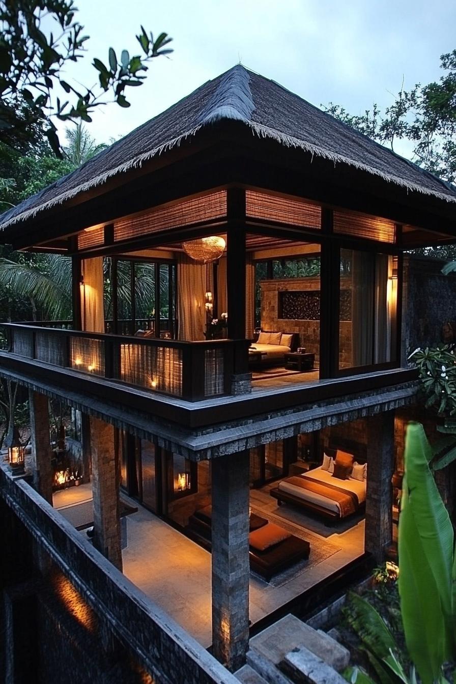 Modern Balinese house with thatched roof and open design