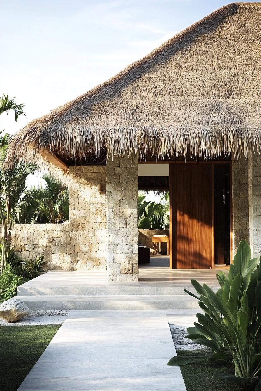 Balinese house entrance with stone walls and a thatched roof