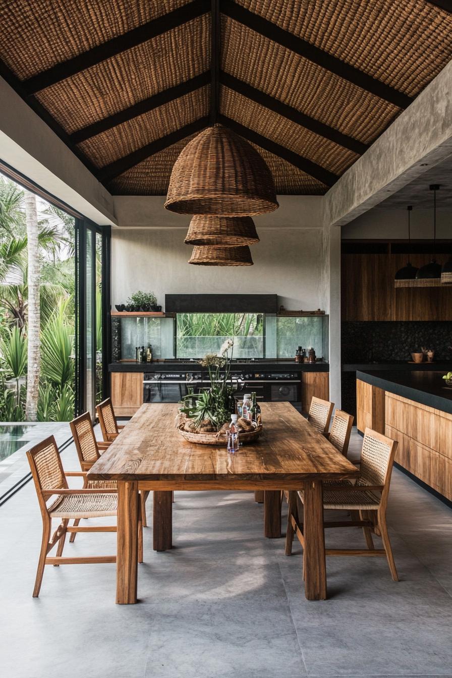 Balinese dining room with large wooden table and hanging bamboo lamps