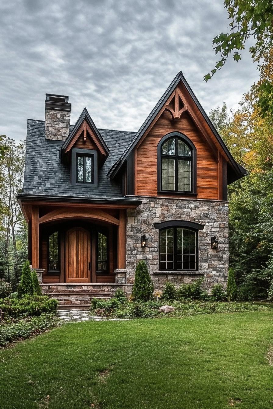 Quaint cottage with stone and wood accents