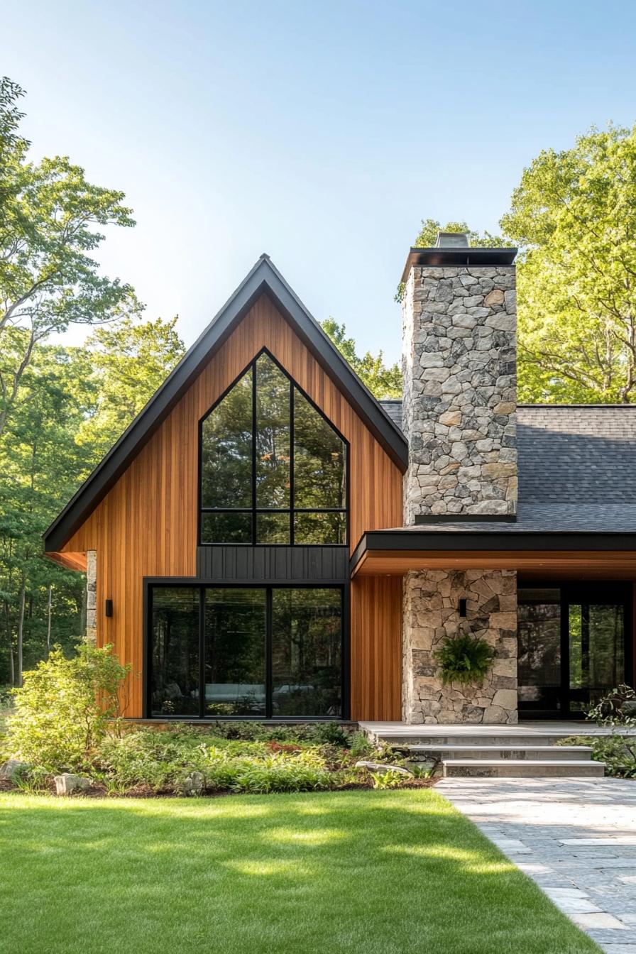 Modern cottage with stone chimney and large windows