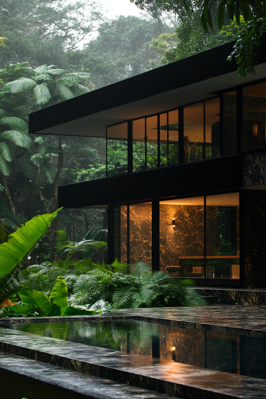 Tropical villa with large glass windows surrounded by lush greenery