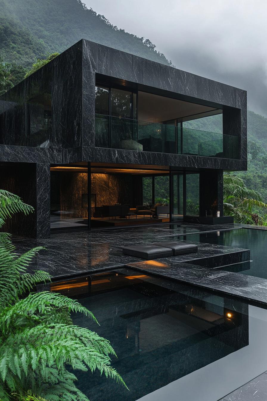 Modern black villa with mountain backdrop