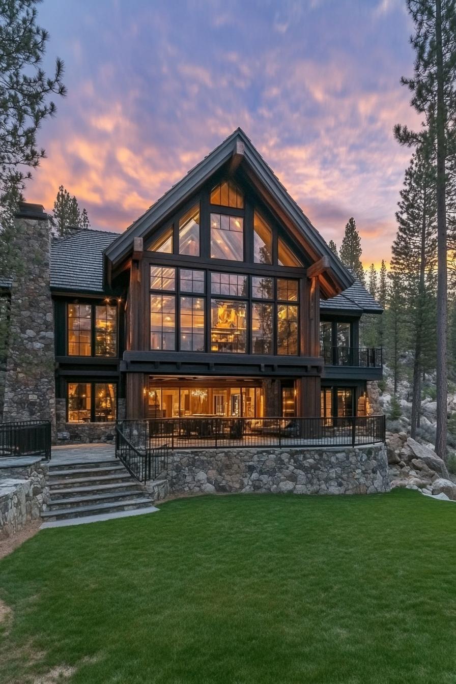 Rustic stone and glass house at sunset