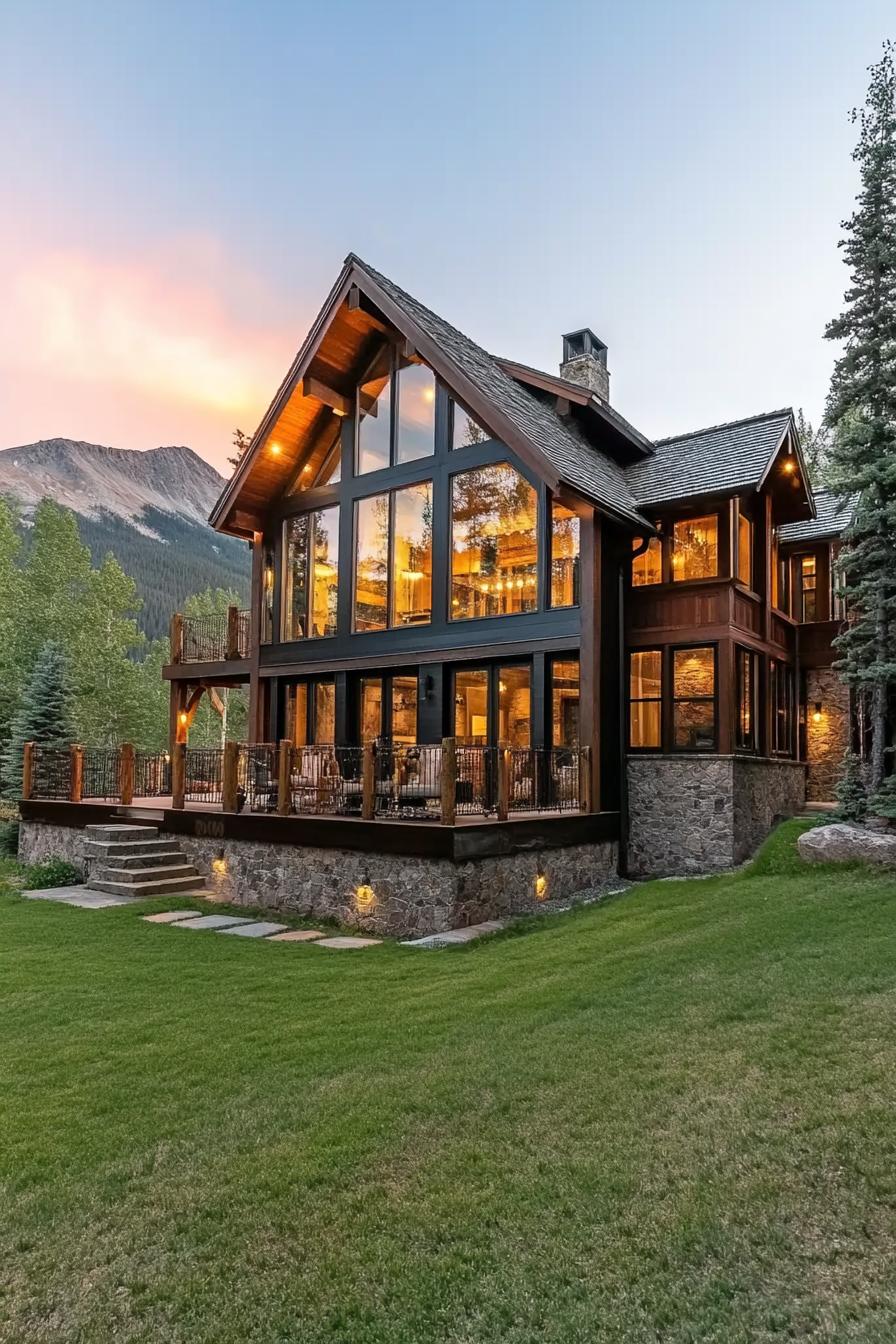 A luxurious mountain home with large windows at sunset