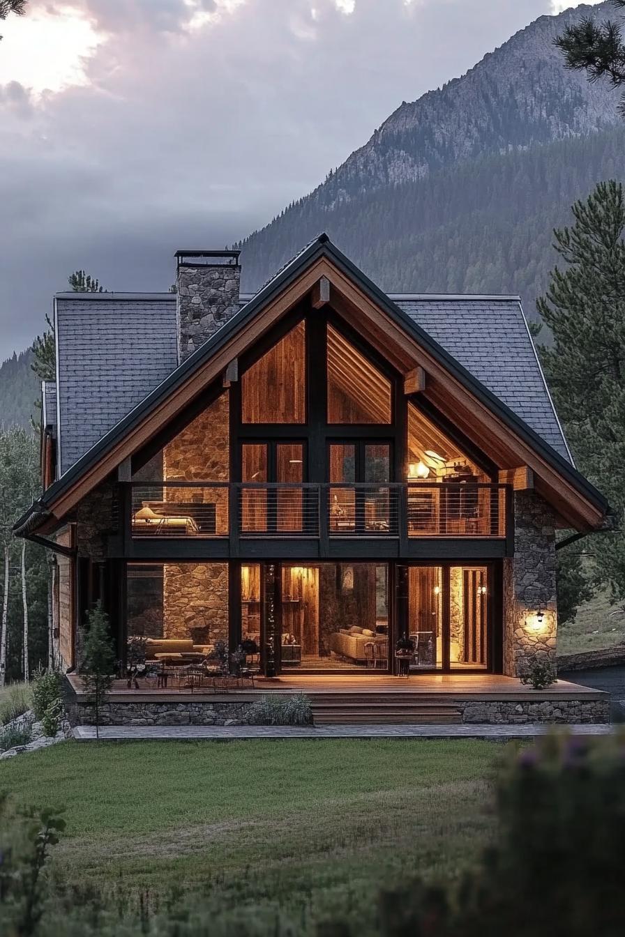 Cozy cabin with large windows and mountain backdrop