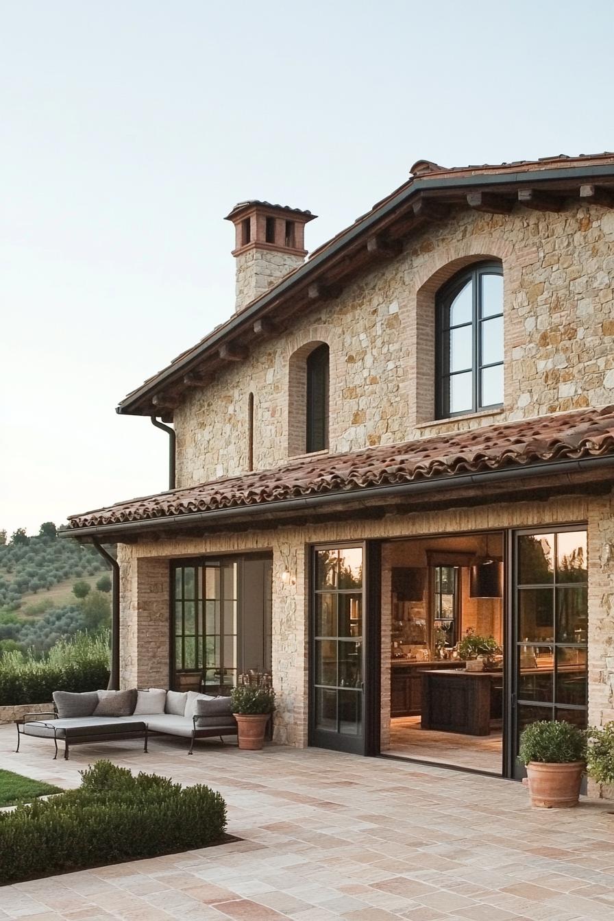 Stone farmhouse with patio and countryside view