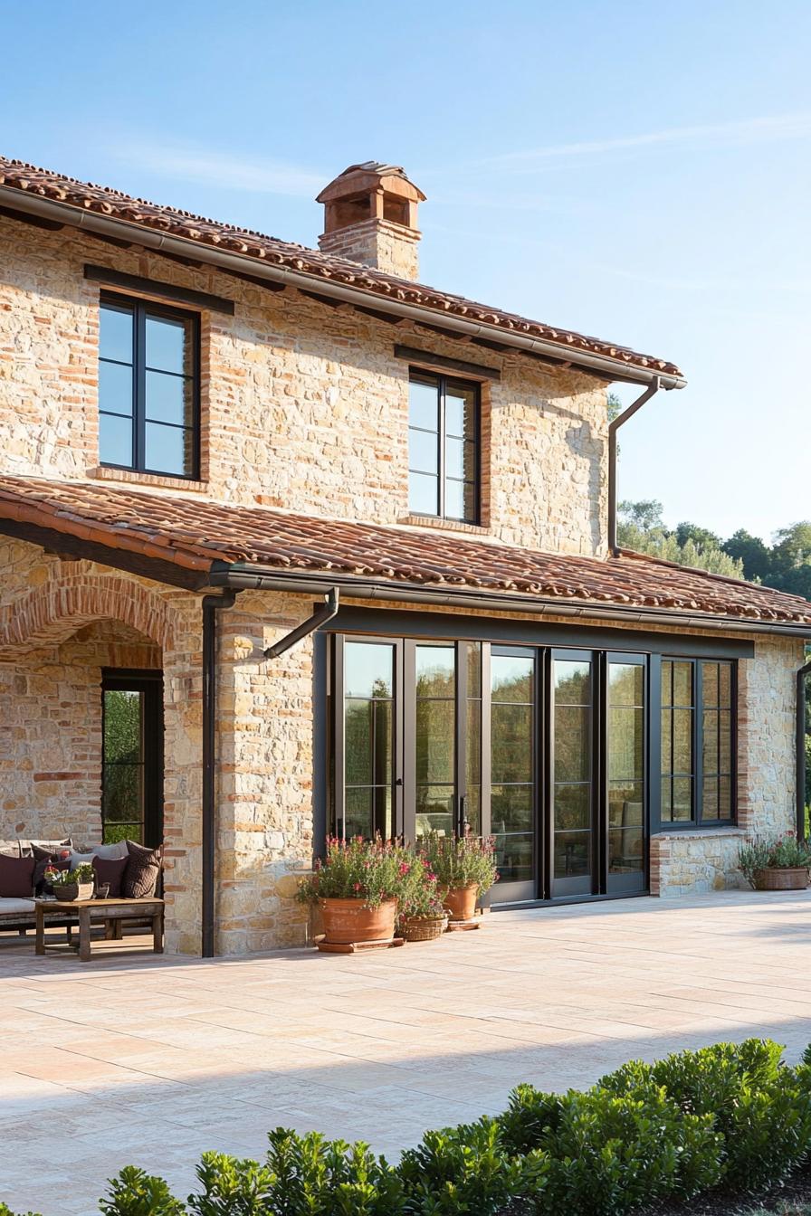 Exterior of a stone farmhouse with large windows and a sunny patio