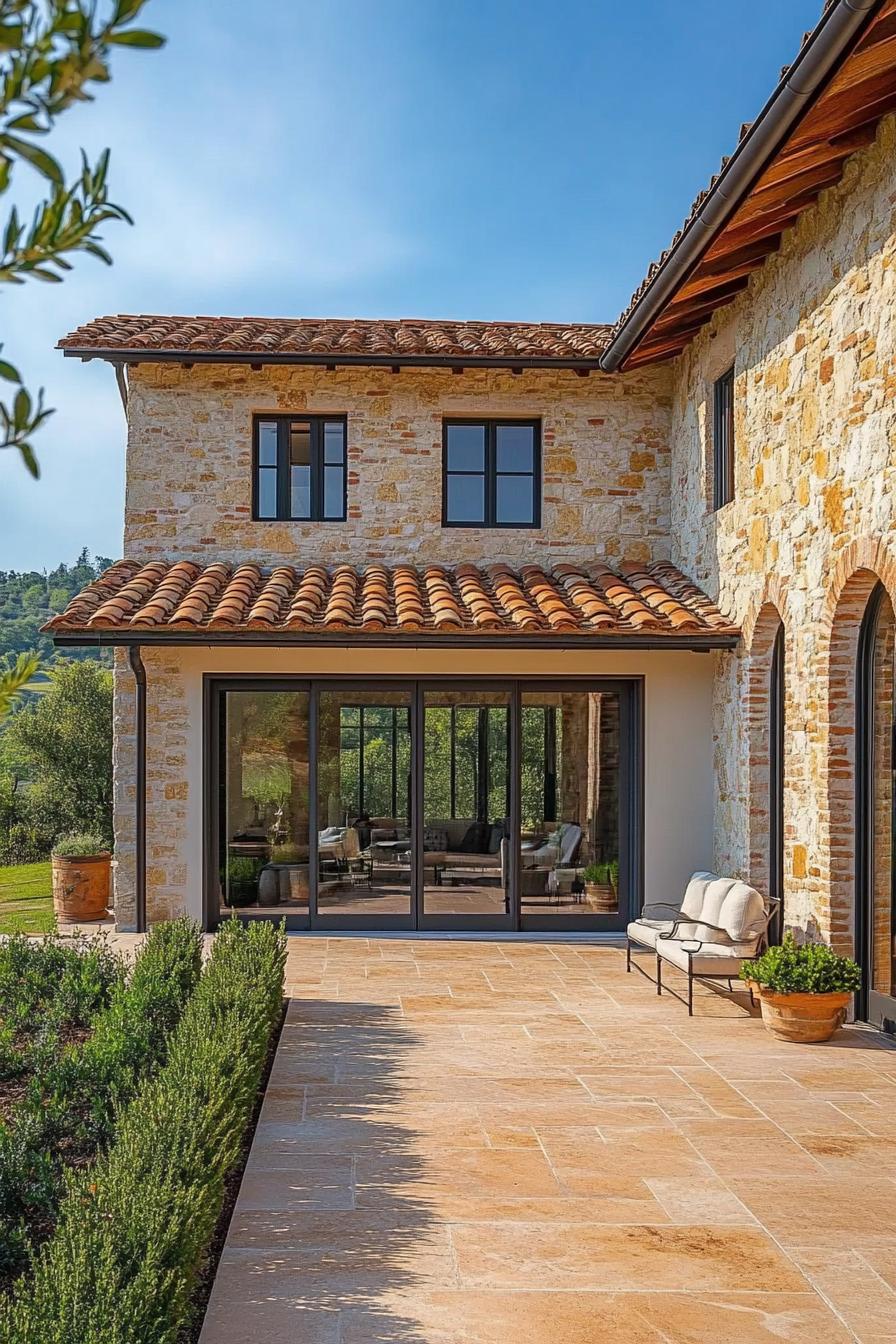 Rustic stone farmhouse with large patio