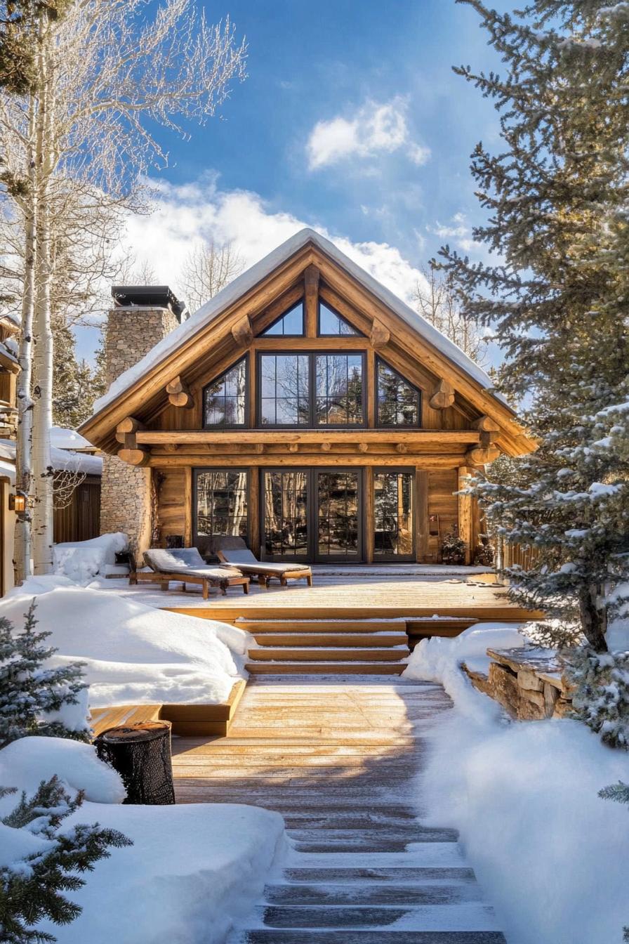 Snow-covered log cabin amidst a serene forest