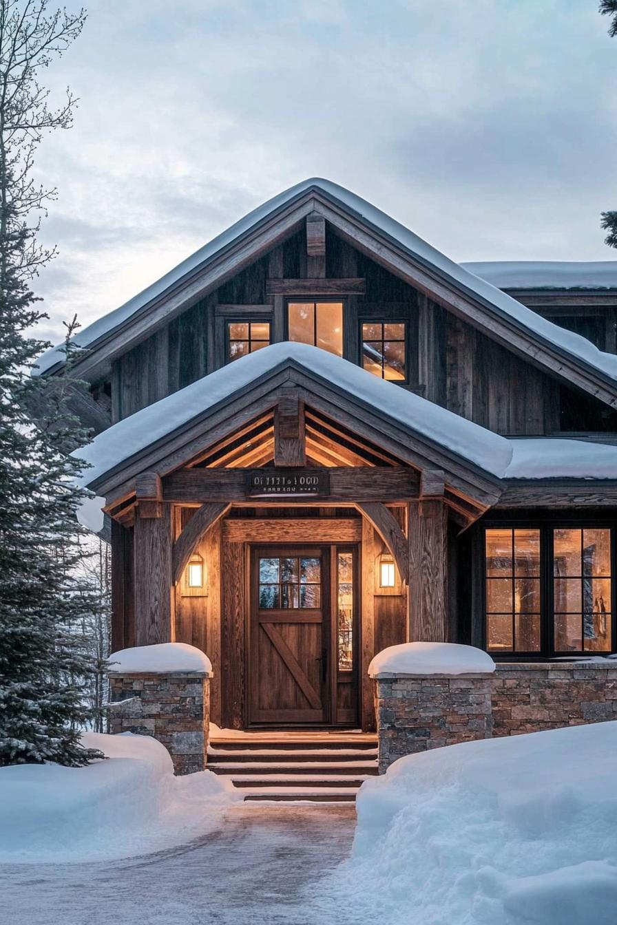 Wooden cabin entrance with snow-capped roof