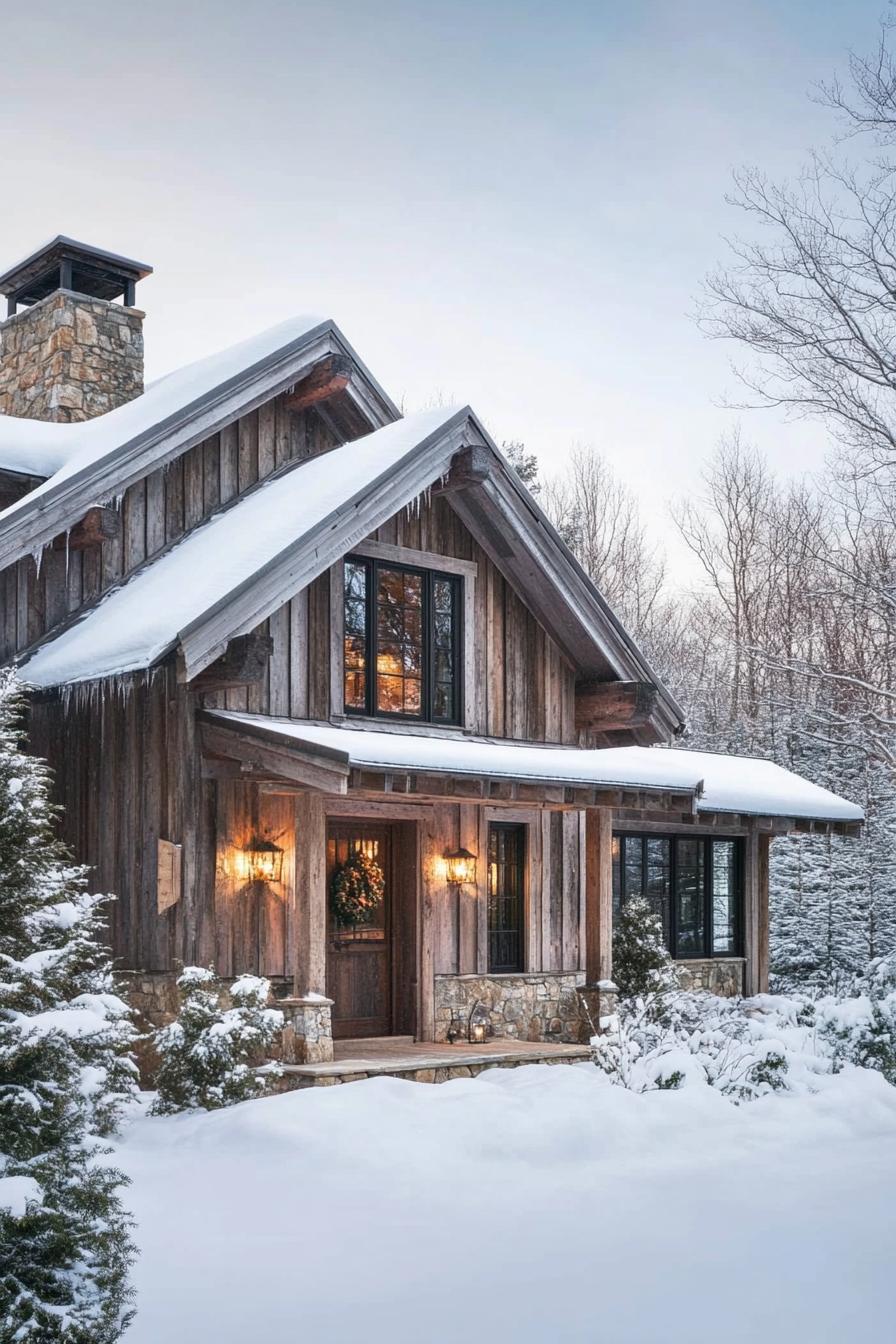 Wooden cabin surrounded by snowy trees