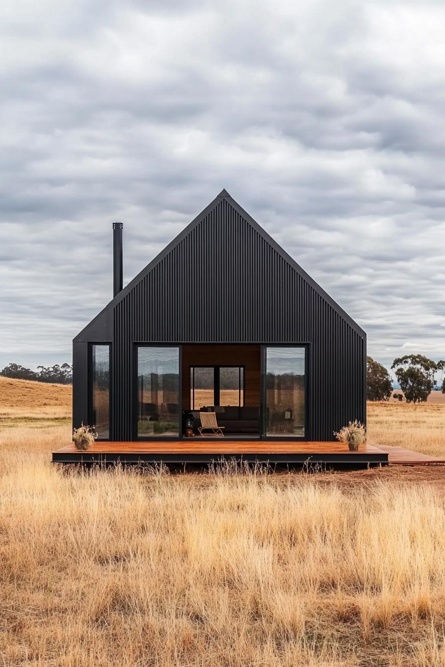 Compact black metal house with large glass windows in a grassy field