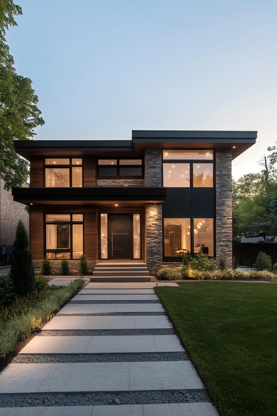 Contemporary house with large windows and stone accents