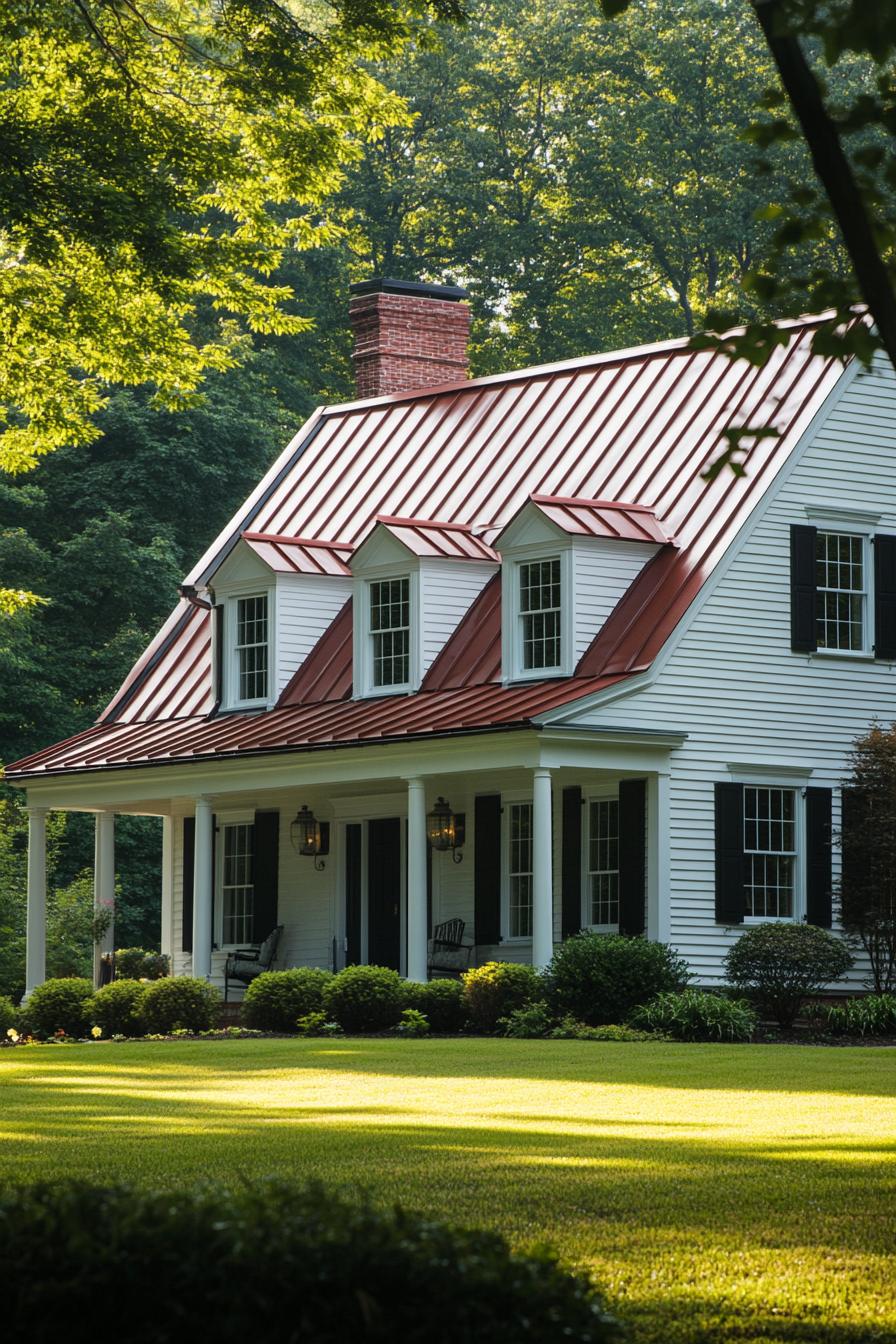 White house with red roof and green shutters