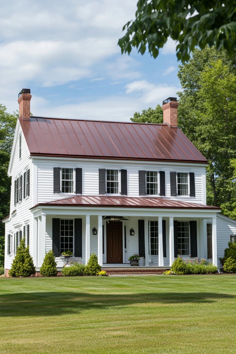 traditional American suburban house in a classic Colonial Revival style. Constructed with wooden siding painted white it features a prominent red 3