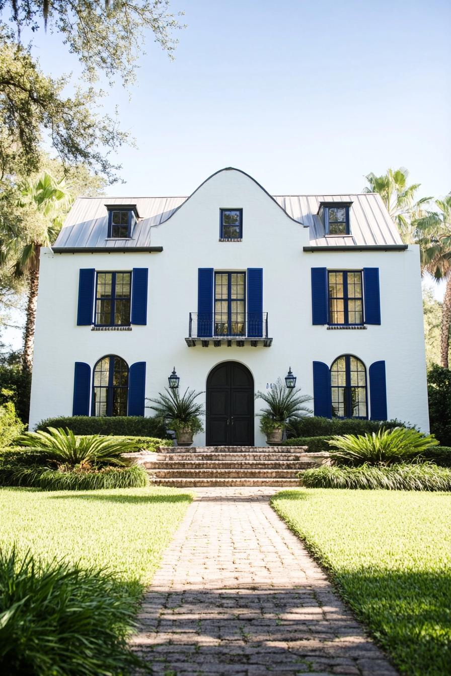 White house with blue shutters and a lush garden