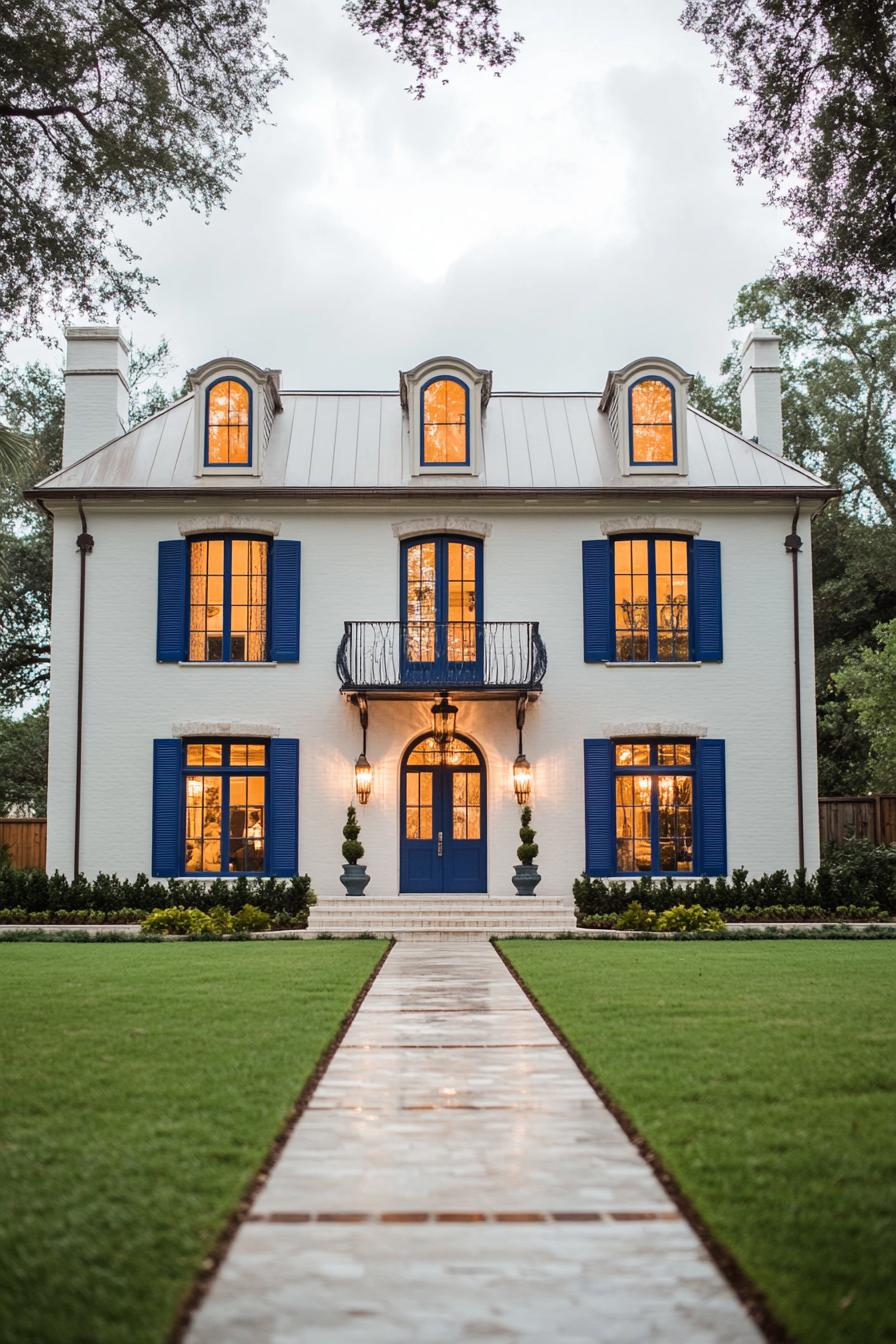 White house with blue shutters and manicured lawn