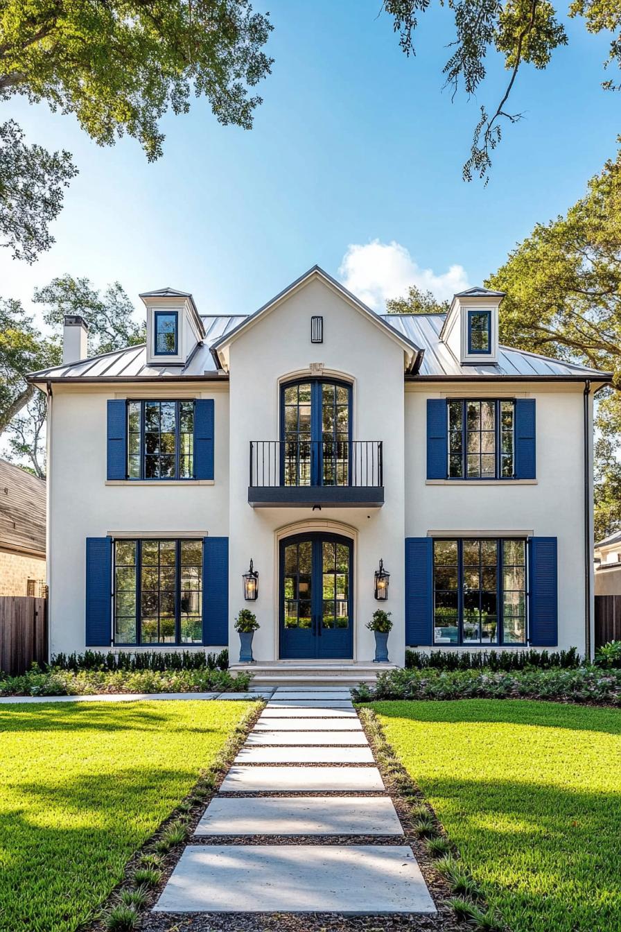 West Indies house with blue shutters and a lush front yard