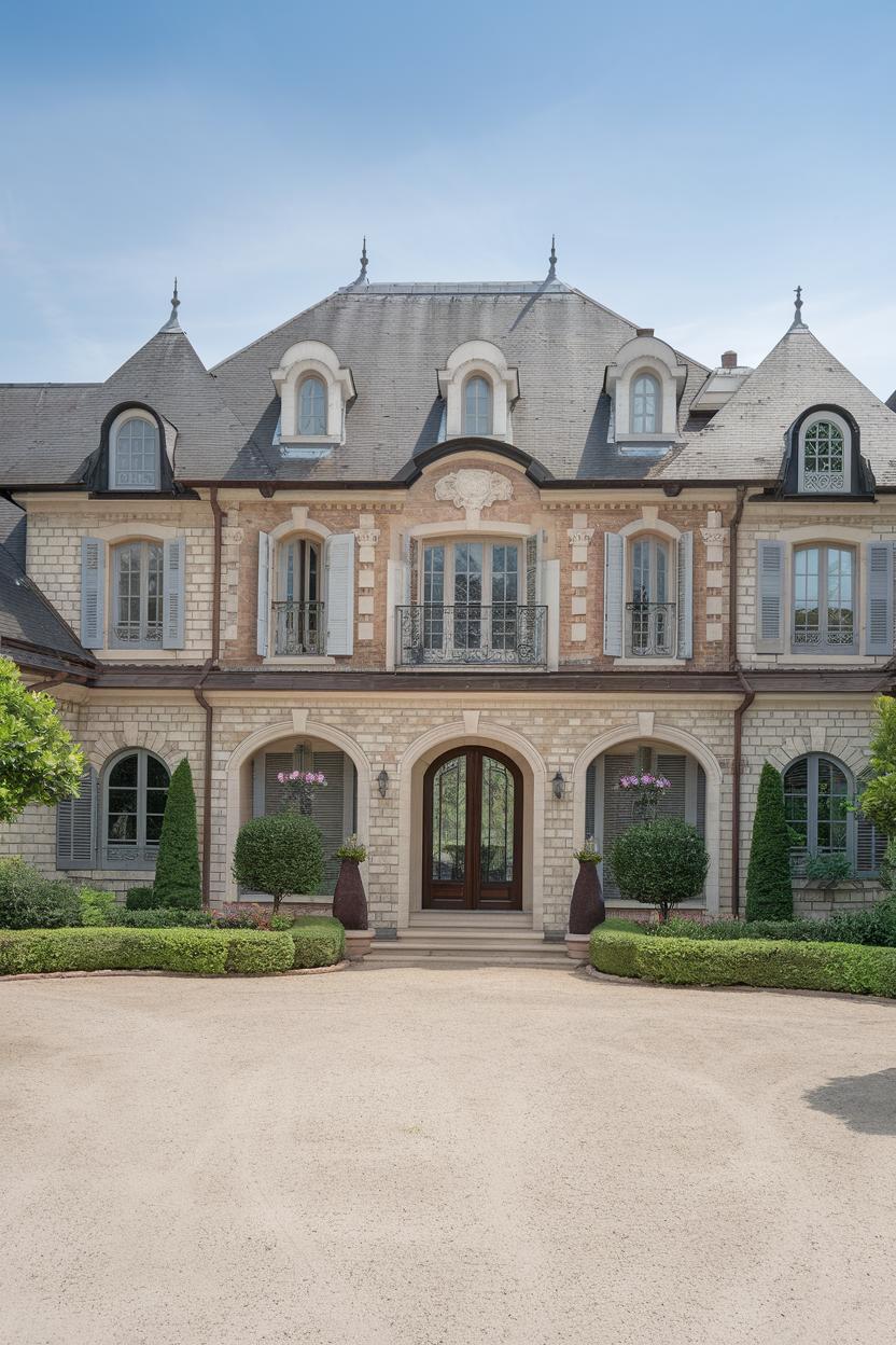 Elegant stone house with manicured landscaping