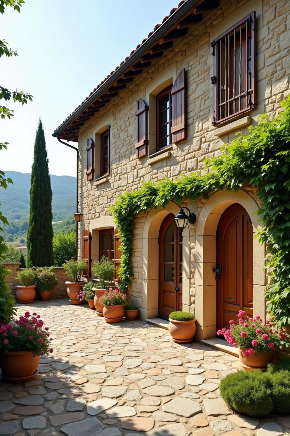 Rustic villa front with archways and potted plants