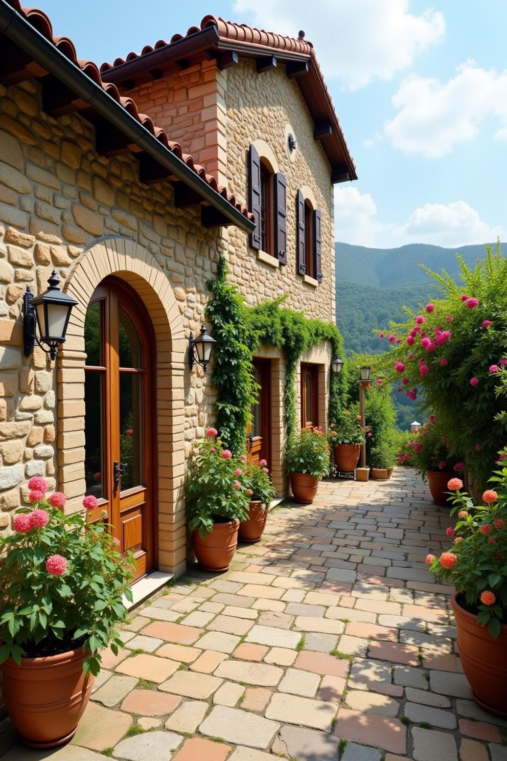 Charming stone villa with vibrant flowers and mountain view