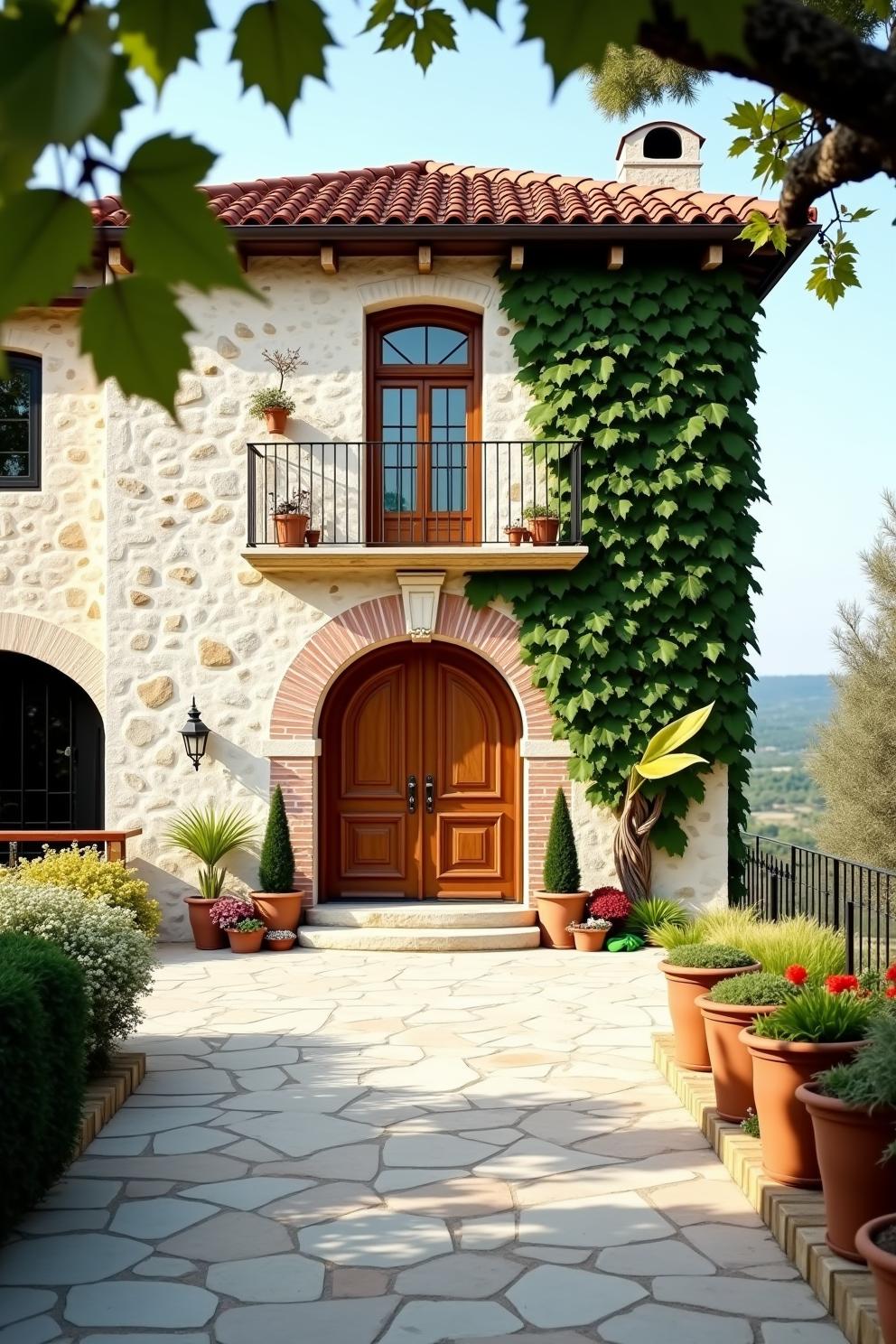 Stone villa with a wooden door and potted plants