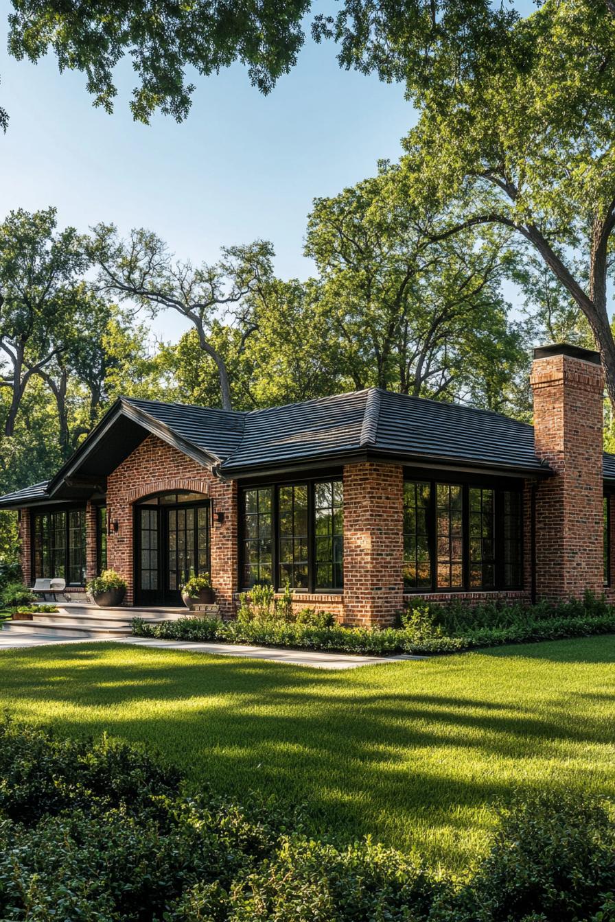 Brick ranch house with large windows and a lush lawn