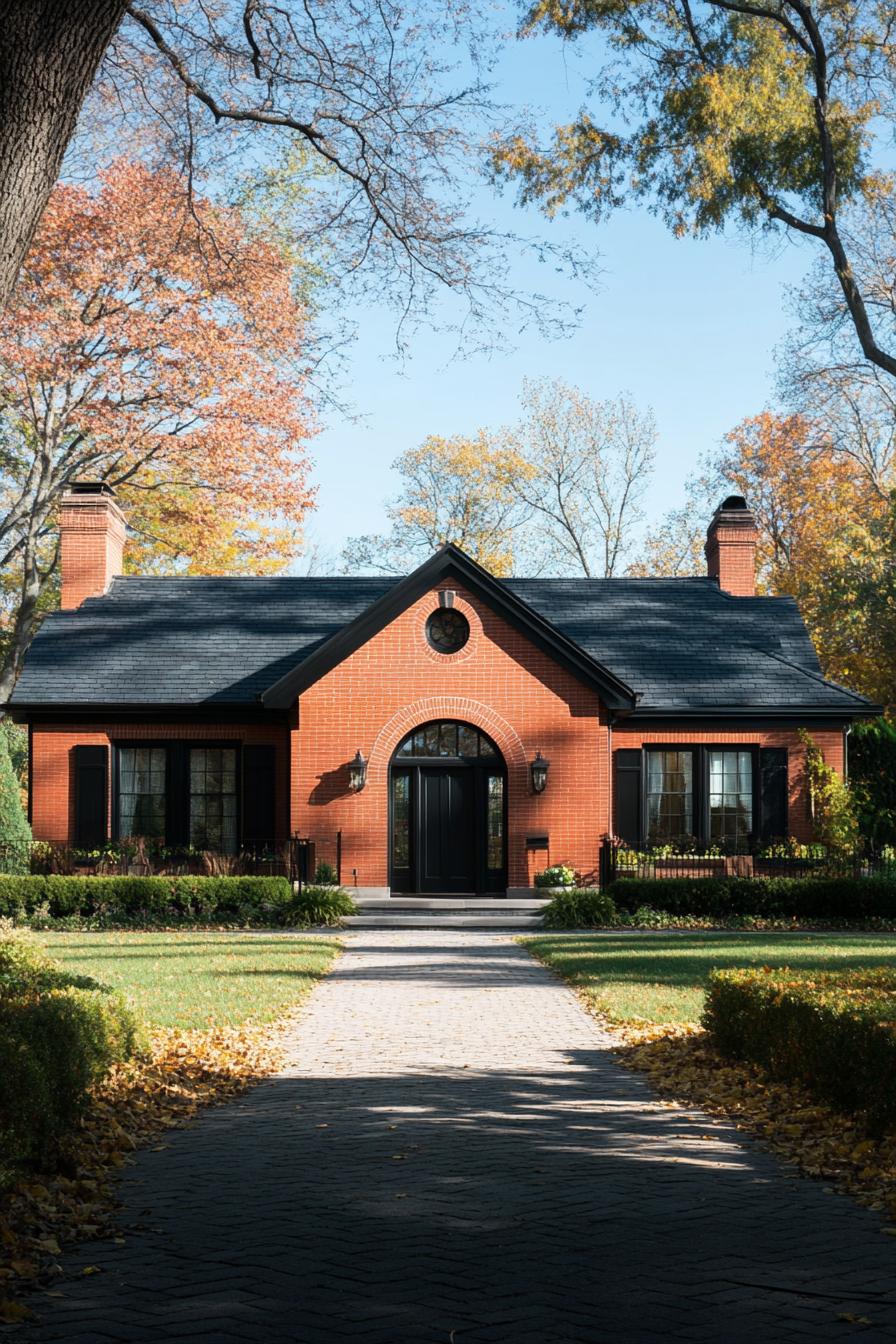 Brick ranch house with autumn trees