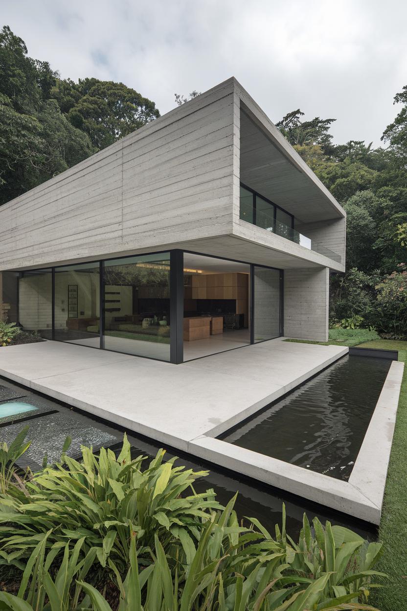 Modern concrete house with large windows and a reflecting pool