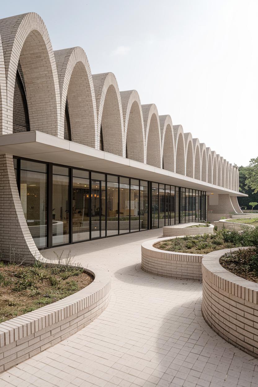 Modern building with repetitive arches and glass facade