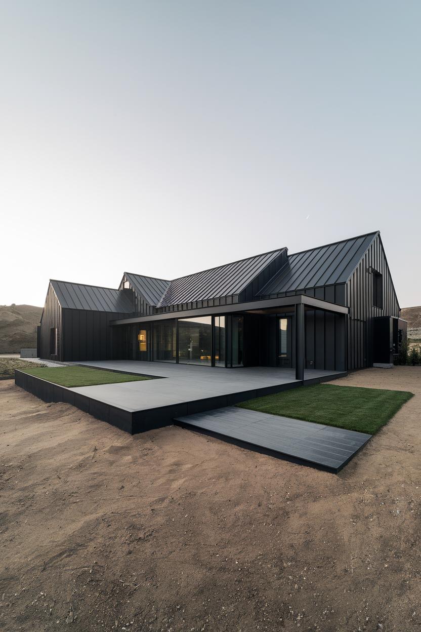 Black modern house with angular roofs and large windows