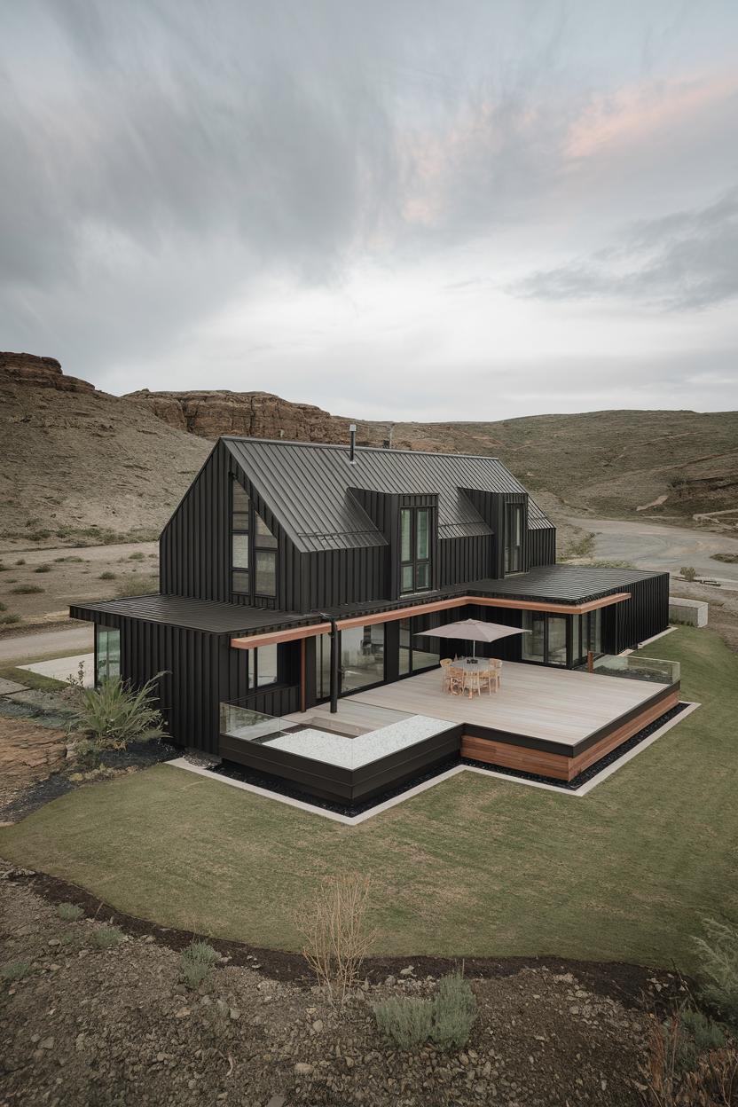 Contemporary black house with a large patio in a desert setting