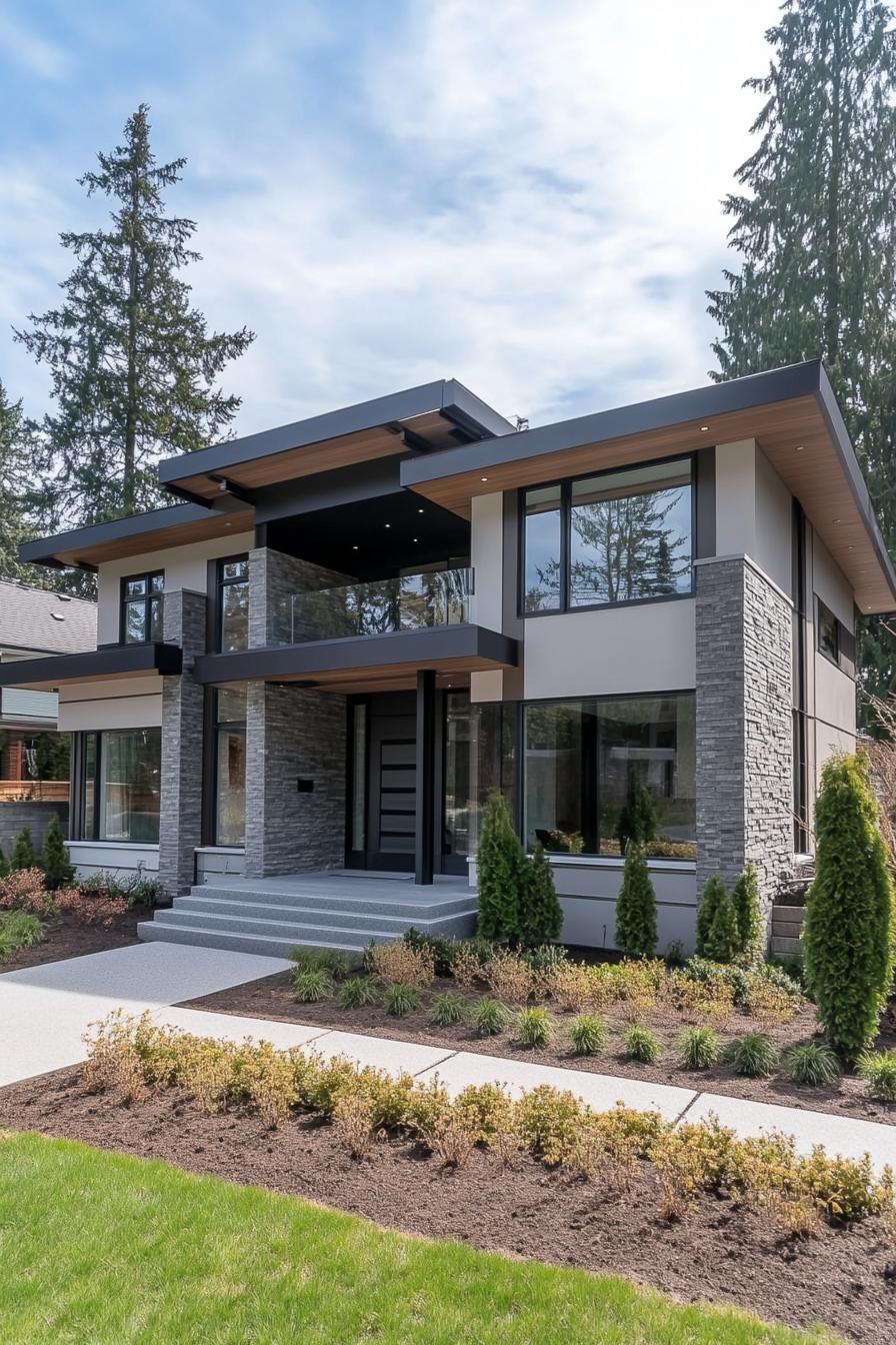 Modern two-story house with stone accents and large windows