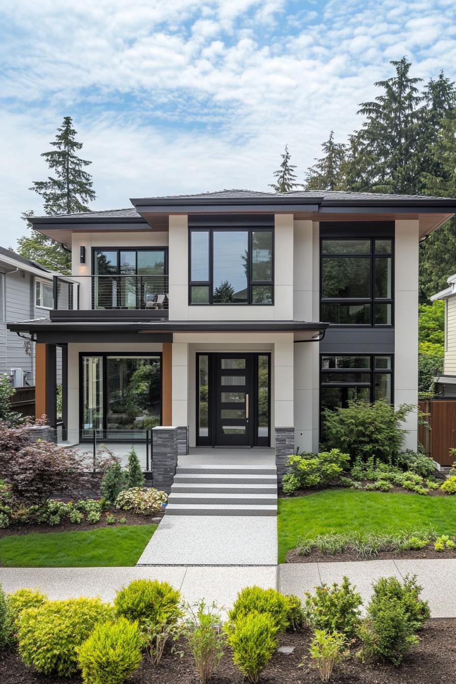 Modern two-story house with large windows and a manicured front yard