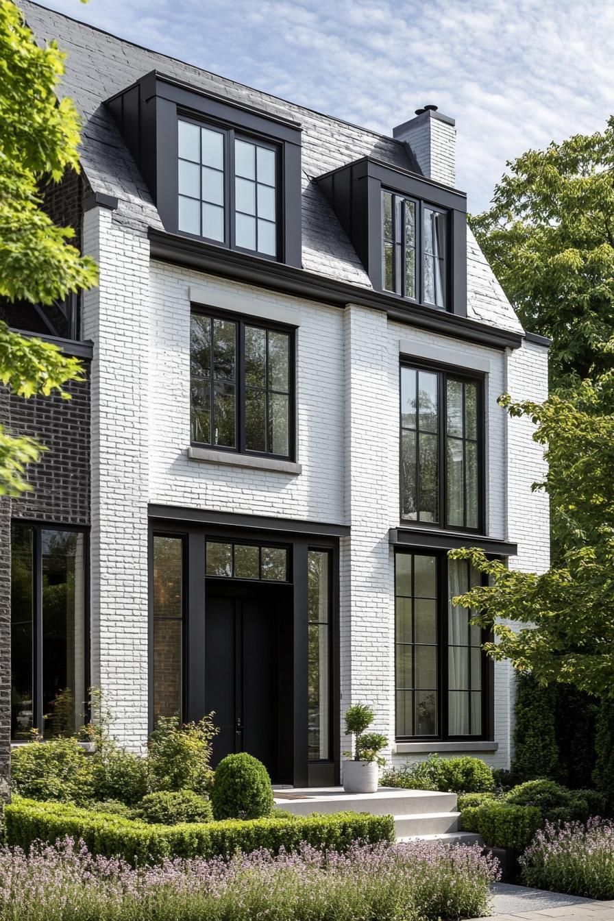 Modern white brick house with black accents and lush garden